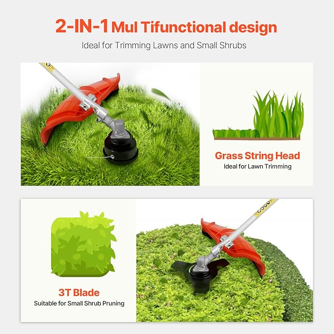 VEVOR String Trimmer, 25.2CC 2-Stroke, Gas Powered Weed Wacker, 16.9" Cordless Grass Trimmer, Multi-Functional Lawn Edger with Shoulder Strap & 3T Blade, Weed Eater for Quick Grass Cleaning