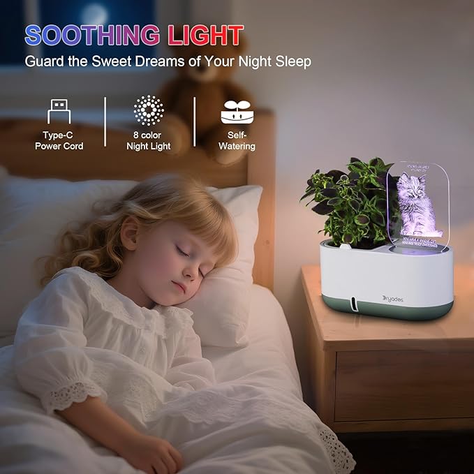 Self-Watering Plant Pot with LED Note Board & 7 Colors Pen Acrylic Message Board with Light Acrylic Dry Erase Board, Led Cat Board Night Light with Planting Pot for Room/Store/Office (No Plant&Seed)