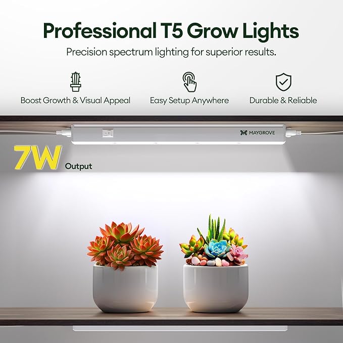 Plant Grow Lights 1FT, Blue-Rich Full Spectrum 5000K, 28W(4 x 7W), T5 LED Grow Light Strips for Indoor Plants and Succulents, High PPFD, Linkable, White, 4-Pack