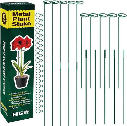 10 Pack Height Adjustable Plant Support Stakes (17" or 32" Inches), Metal Plant Stakes for Indoor Outdoor Plants, Tall Plant Stick Support Ring Cages for Garden Flower Amaryllis Orchid Gladiolus