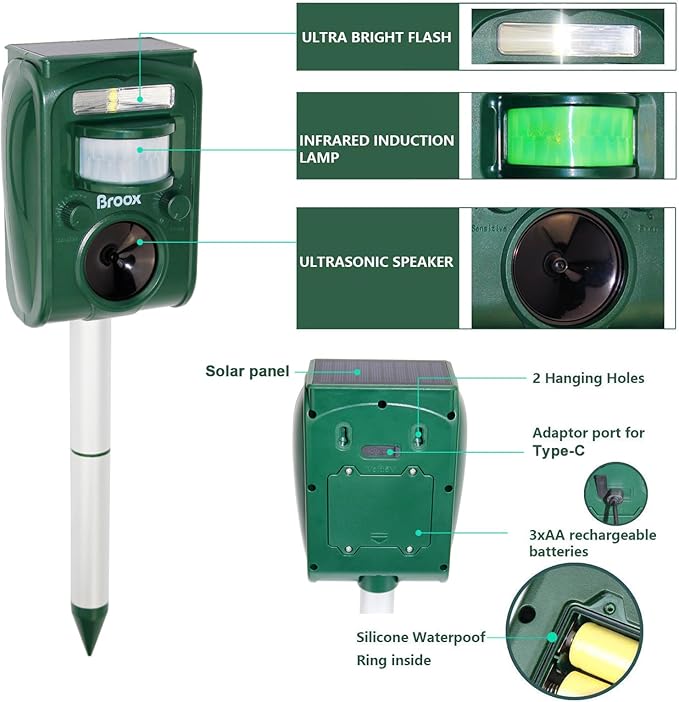 Broox 2025 Upgraded Solar Animal Repellent, Cat Repellent Outdoor, Squirrel Repellent, Deer Repellent, Ultrasonic pest Repeller, Waterproof IP 65, Motion Detection, Dog, Raccoon, Skunk, Rabbit, Rodent