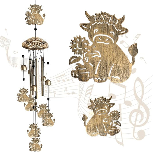 Wind Chimes for Outside, Metal Wind Chimes House Outdoor Decor for Garden Backyard Front Porch Patio, Mom Women/Men Birthday House Warming Gifts, Highland Cow Windchimes