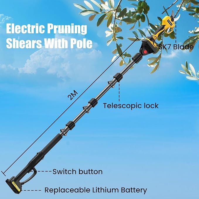 Electric Pruning Shears Cordless with 8FT Pole, Max Cutting Diameter 2 inch(50mm), 21V 2*2Ah, 1000w Brushless Motor, Working time 6-10 h, Electric Pruning Shears Suitable for Gardens, Orchards, Farms
