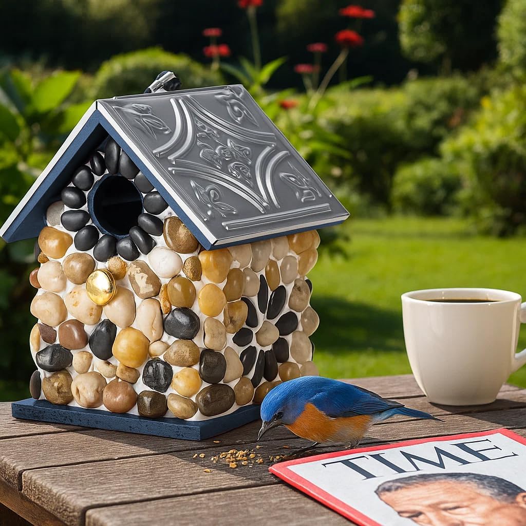 Masterpiece Bluebird Bird House for Outside Clearance, Cedar Bird House Bird Feeder for Outdoor, Stone Villa, Hanging Birdhouse for Outside, Pole Mountable, 10 Yrs Longtime Lasting (Blue)