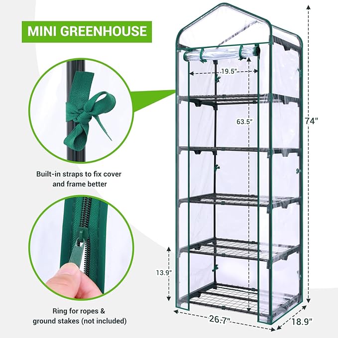 Mini Greenhouse for Outdoors Indoor: Ohuhu Small Plants Green House with 5 Tier Shelves, Portable Plastic Greenhouses with Heavy Duty Transparent PVC Cover for Garden Patio Backyard Porch Balcony