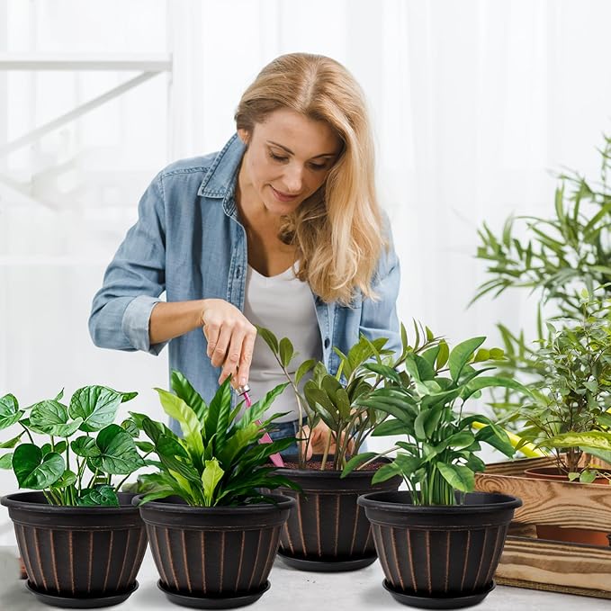 FGstyle 10 Inch Plants Pot,4 Pack Flower Pots,Planters Pot with Drainage Hole & Saucer,Modern Planters for Indoor Outdoor Plants,Decorative Resin Garden Pots for Outdoor Indoor Home Plants (Black)