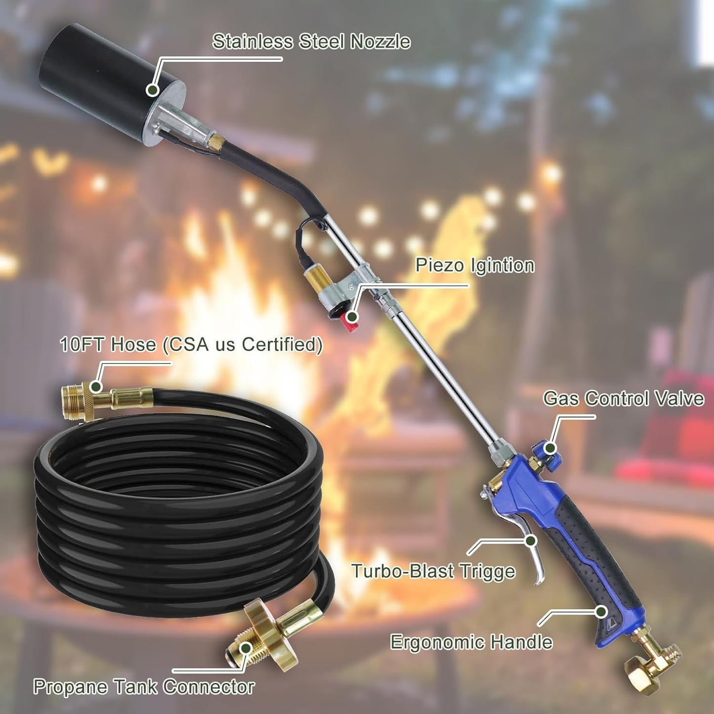 Propane Torch Weed Burner Kit, Weed Torch with 1lb Propane Cylinder Converter, Output 1,200,000 BTU,10FT Hose, Heavy Duty Blow Torch with Self Igniter,Flame Thrower for Weeds, Garden,Snow Melting