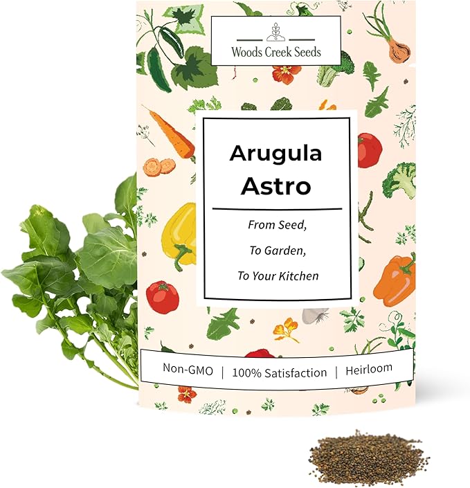 Woods Creek Seeds: Arugula Astro Seeds for Planting - Over 1,300 Heirloom, Non-GMO Arugula Seeds for Planting - Fast-Growing Astro Seed Pack for Gardening Indoors or Outdoors - Ideal for Green Salad