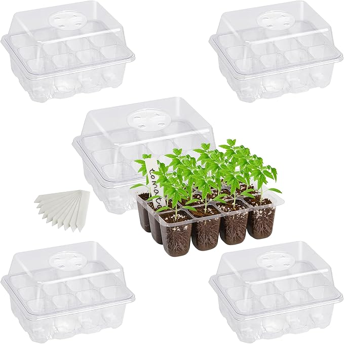 Bonviee 5-Pack Seed Starter Trays for Indoor Germination โ Humidity Dome to Regulate Temperature & Humidity, Clear Tray for Root Observation, Drain Holes to Prevent Overwatering (5 Packs, Clear)