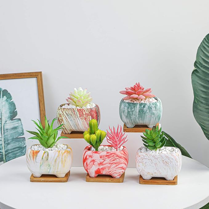 ARTKETTY Succulent Planters, 4.7" Small Succulent Pots with Drainage Rectangular Cactus Planter with Bamboo Trays Ceramic Pots for Indoor Flower Plants Set of 5