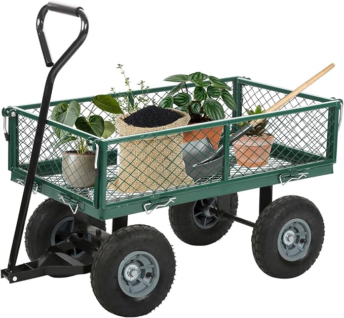 FDW Garden Cart Streel Heavy Duty 500 LBS Capacity,Utility Cart Wagon with Removable Sides and 180°Rotating Handle for Yard, Lawn and Garden Hauler (Dark Green)