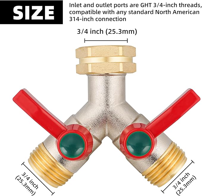 Garden Hose Splitter High Flow, 3/4”GHT Inlet Brass Heavy Duty Full Flow Hose Splitter 2-Way, Hose Y-Valve Faucet Splitter, Runner and Large Outlet with Extended Handle.
