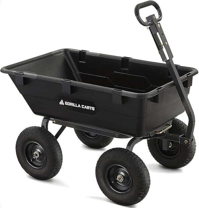 Gorilla Carts Heavy-Duty Poly Yard Dump Cart, 6 Cu Ft Tub, 1200 lb Haul Capacity, Black – Towable Utility Wagon with Quick-Release Dumping & Pneumatic Tires for Landscaping and Gardening