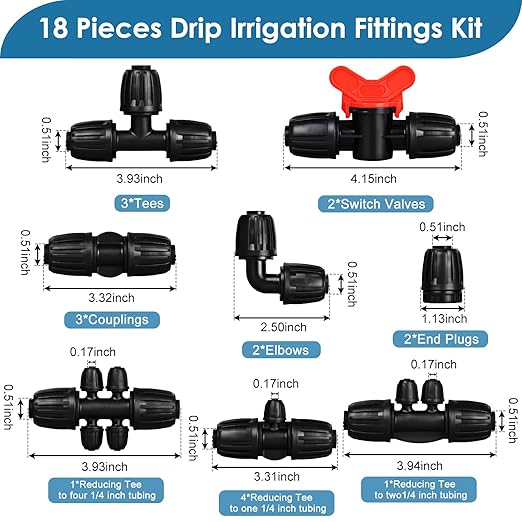 1/2 Inch Drip Irrigation Fittings Kit: 18 Pieces Drip Locked Nut Connectors for 1/2" Drip Irrigation Tubing (1/2" ID x0.6-0.65" OD) Couplings Tees Elbows Plugs Valves Reducing Tees