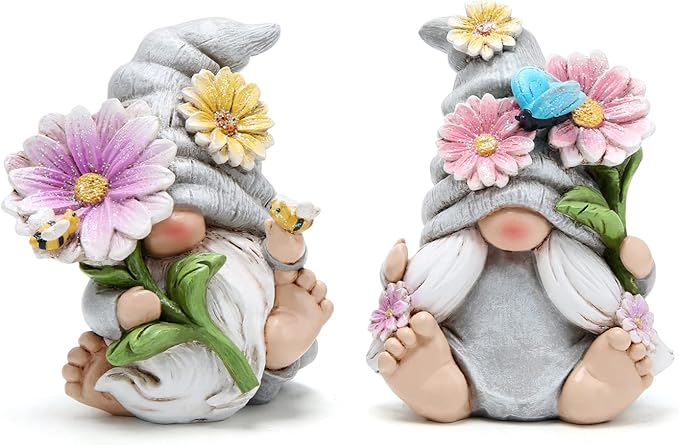 Hodao Set of 2 Spring Gnome Decorations Flower Gnomes Ornaments Decor Summer Outdoor Figurines Spring Elves for Porch, Garden Yard, Flower Bed Garden Gifts for Women, Mom (Grey)