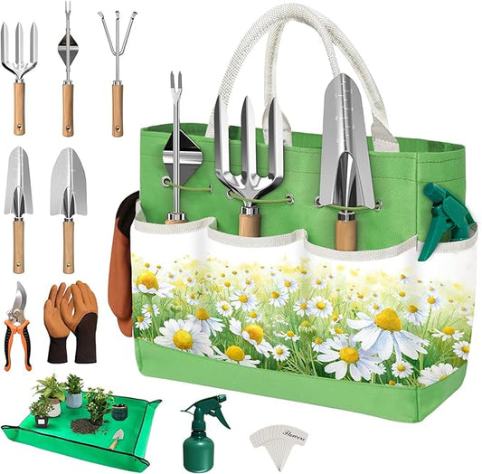 22Pcs Garden Tools Set for Women,Heavy Duty Hand Tool Kit with Large Tote Bag/Repotting Mat/Trowel/Rake/Pruner/Gloves/Plant Tags,Gardening Gifts for Mom Gardener Beginner-Green