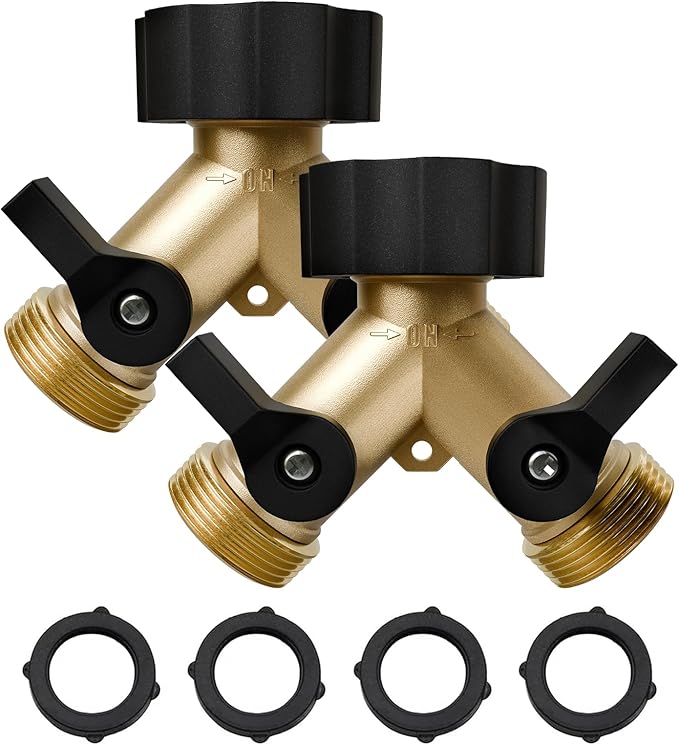 Garden Hose Splitter 2 Way, Y Heavy Duty Brass Connector Tap Splitter, Brass Garden Hose Adapter with 2 Extra Rubber Washers, Outdoor Hose Splitter, Zero Leaks, Connectors & Accessories, 2 Pack