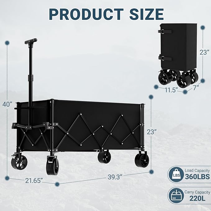 Favoyard Extra Large Collapsible Wagon Carts Foldable 220L & 360LBS Folding Wagons w/All-Terrain Wheels & Brakes Portable Utility Shopping Cart for Beach Grocery Sports Garden Camping Outdoor, Black