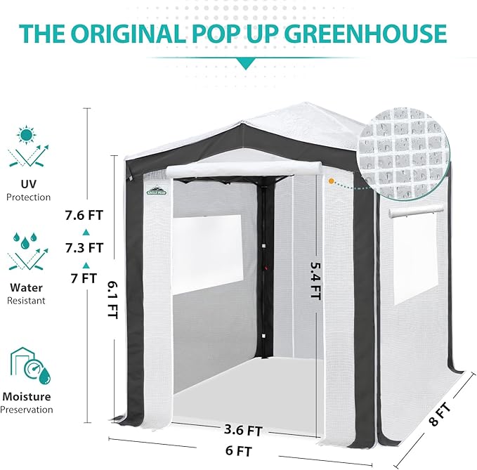 EAGLE PEAK 8x6 Portable Walk in Greenhouse with Polyester Reinforced Corners, Instant Pop Up Indoor Outdoor Gardening Green House, Roll Up Zipper Entry Doors and Mesh Windows, Gray/White