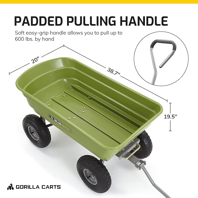 Gorilla Carts Poly Garden Dump Cart, 4 Cu Ft Tub, 600 lb Haul Capacity, Green – Heavy-Duty Utility Wagon with Quick-Release Dumping & Pneumatic Tires for Yard, Landscaping and Gardening