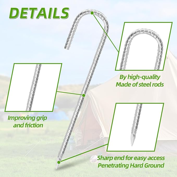 Rebar Stakes 12inx6mm Galvanized J Hook 20pcs – Heavy Duty Ground Tent Stakes for Fence,Bounce House,Outdoor Plants,Artificial Turf,Dog Coop,Metal Stakes for Christmas Decorations