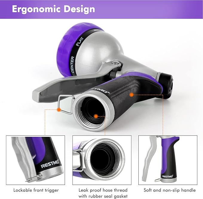 RESTMO Garden Hose Nozzle, Heavy Duty Metal Water Hose Nozzle with 7 Adjustable Spray Patterns, High Pressure Hand Sprayer with Flow Control, Best for Watering Plant & Lawn, Washing Car & Pet, Purple