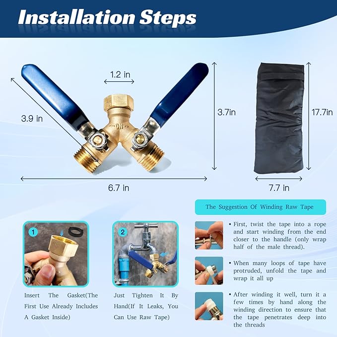 Garden Hose Splitter 2 Way Heavy Duty Brass Hose Splitter With 304 Stainless Steel Long Handle & Winter Faucet Protector, 3/4" Y Valve Thread High Flow Outdoor Faucet Splitter