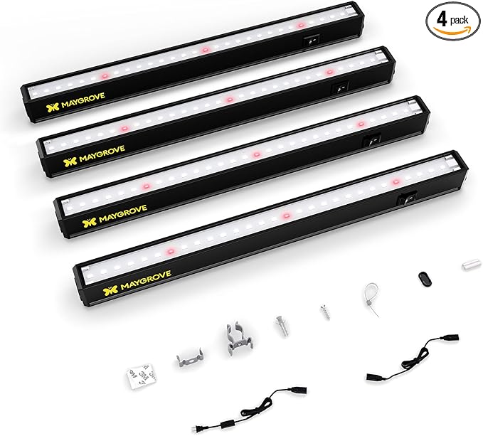 Plant Grow Lights 1FT, Red-Enhanced Full Spectrum 5000K, 28W(4 x 7W), T5 LED Grow Light Strips for Leafy Greens and Vegetables, High PPFD, Linkable, Black, 4-Pack