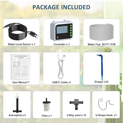 SoulBay Automatic Indoor Drip Irrigation Kit, Programmable Water Timer LCD Display, Self Watering System for 15 Potted Plants, USB Rechargeable
