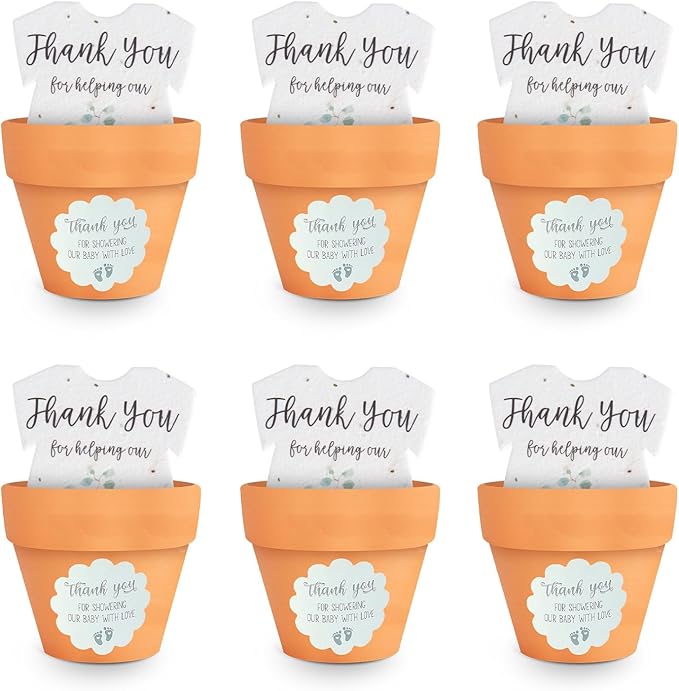 Set of 6 Seed Paper – 6 Green Onesie & 6 Orange Pots with Stickers for Baby Shower, Gender Reveal, Birthday, Mother's Day & Other Milestone Celebrations