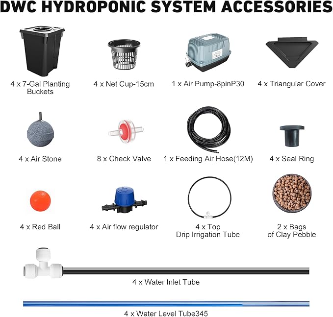 4 Buckets DWC Hydroponics Growing System with Top Drip Kit 7 Gallon Deep Water Culture Bucket System with Air Pump, Air Stone, Air Hose, Recirculating Drip Garden System