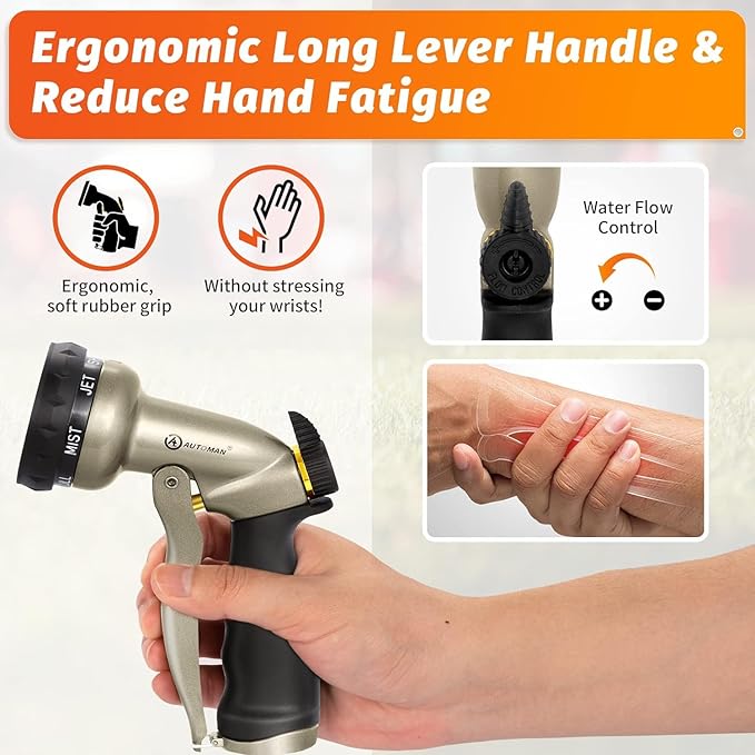 AUTOMAN Garden Hose Nozzle-7 Patterns Sprayer-2 Pack, Metal High Pressure Spray Nozzle, Heavy Duty Labor-Saving Design Water Hose Nozzle for Garden Watering, Car Washing, Window Cleaning, Pets Bathing