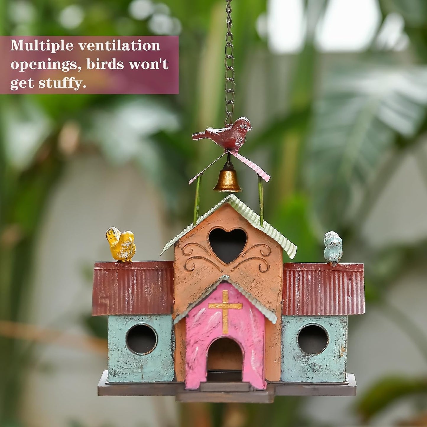 Large Bird Houses for Outside Hanging, 4 Hole Outdoor Bird House with Bell, Easy Clear, Colorful Metal Bird Houses for Outside.