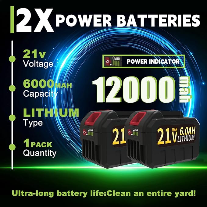 Leaf Blower Cordless Brushless with 6Ah Battery*2 and Charger, Strap, 21V Quiet 6-Speed Electric Leaf Blower with Display for Lawn Care, Leaves & Snow(Green)