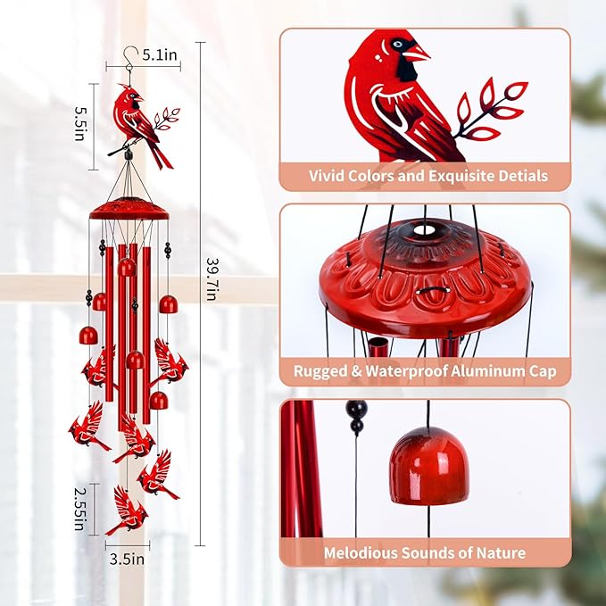 Cardinal Wind Chimes for Outside, Large Cardinal Garden Decor Bird Wind Chime, Memorial Cardinal Gifts for Women, 40" Outdoor Windchimes for Lawn, Porch, Patio, Yard, Christmas