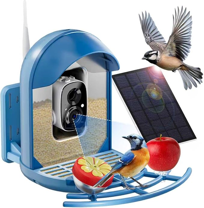 Camii Bird Feeder with Camera, Smart Birdfeeder with AI Identify Birds Species, 2K HD, Solar Powered, Night Vision, Real-Time Alert, IP66 Waterproof for Backyard Bird Watching Enthusiasts (Blue)
