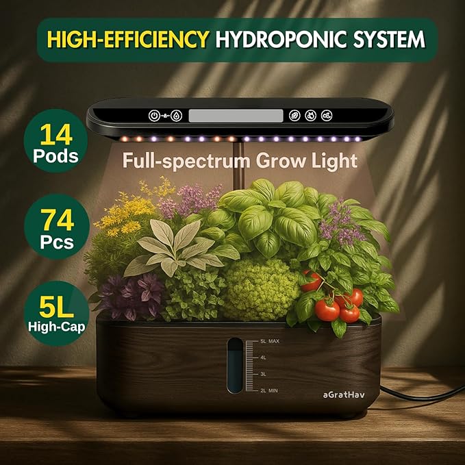 Hydroponics Growing System Kit, Indoor Herb Garden, 14 Pods Upgraded LCD Display, LED Grow Light Quiet Smart Water Pump Automatic Timer, Hydroponic Planter for Home Kitchen Office