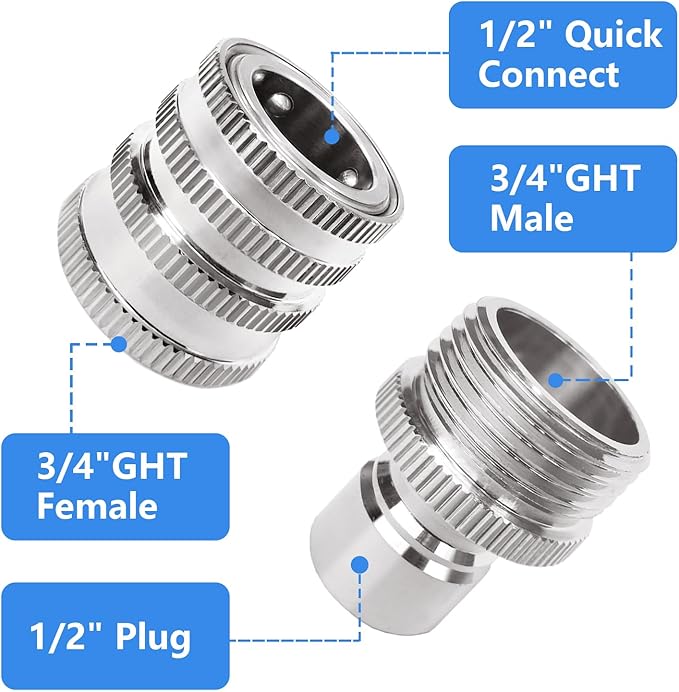 Garden Hose Quick Connect of 3/4 Inch GHT, Stainless Steel Quick Connect Garden Hose Fittings, Large Diameter Quick Release Hose Connector,2 Pack