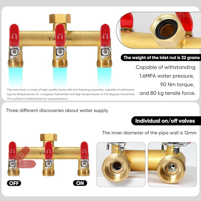 Garden Hose Splitter, 3/4” Rust and Freeze Resistant Outdoor Hose Manifold with 3 Red Extra Long Handles Faucet Adapter-Heavy Duty Brass 3-Way Valve