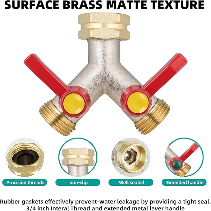 2 Way Hose Splitter, Brass High Flow Garden Hose Splitter Heavy Duty, Hose Connector, Water Spigot Splitter, Full Flow Faucet Splitter with shutoff, 3/4” GHT Inlet
