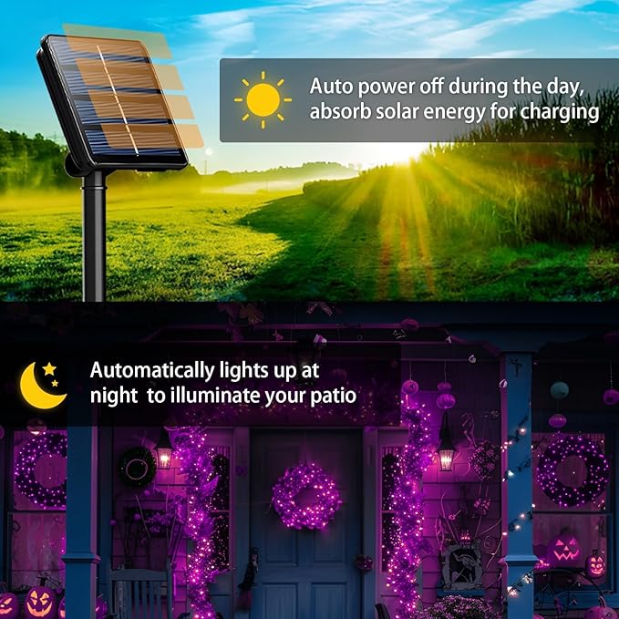 2-Pack Solar String Lights,78Ft Extra-Long 200 LED Waterproof Solar Halloween Lights, 8 Modes for Garden, Patio, Wedding (Purple & Orange)