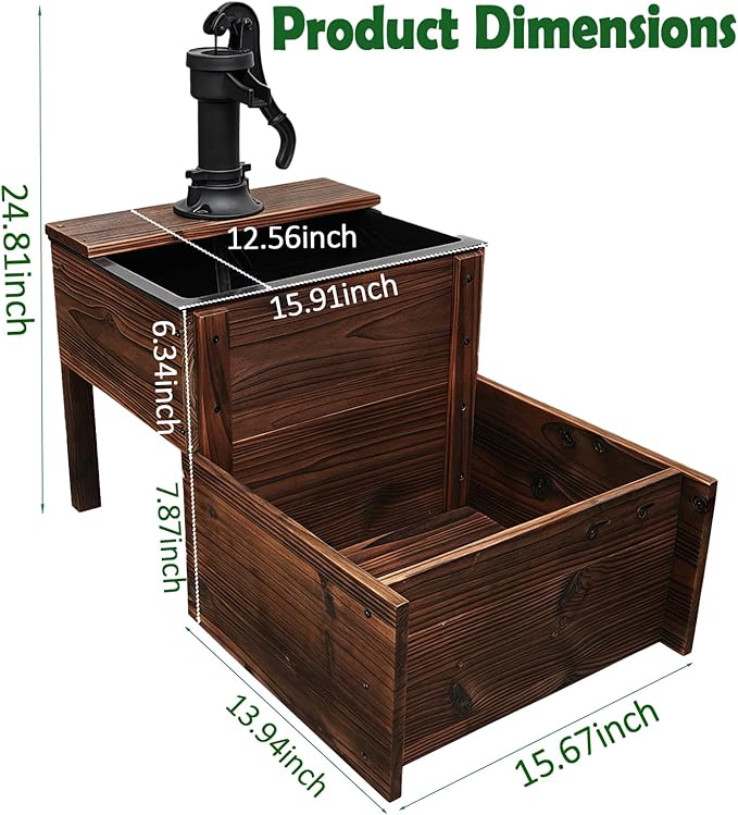 Outdoor Water Fountain,Floor Wooden Rectangular Double-Layer Old-Fashioned Pump Fountain with Flower Box,Plug-in Electric Decorative Hand Pump,Outdoor Water Feature for Garden Patio Backyard