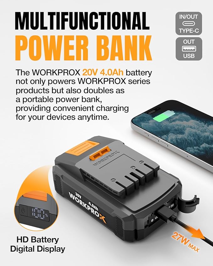 WORKPROX Cordless Pole Saw with Battery, 20V 4.0Ah Battery Powered 8 Inch Electric Pole Chainsaw, 4000mAh Power Bank with Quick Charge 3.0, Lightweight, 9.2 FT Max Reach Pole Saw for Tree Trimming