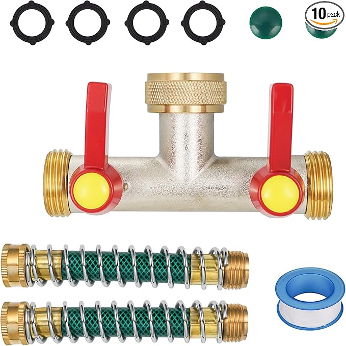 2 Way Hose Splitter, Brass High Flow Garden Hose Splitter Heavy Duty, Hose Connector, Water Spigot Splitter, Full Flow Faucet Splitter with shutoff, 3/4” GHT Inlet