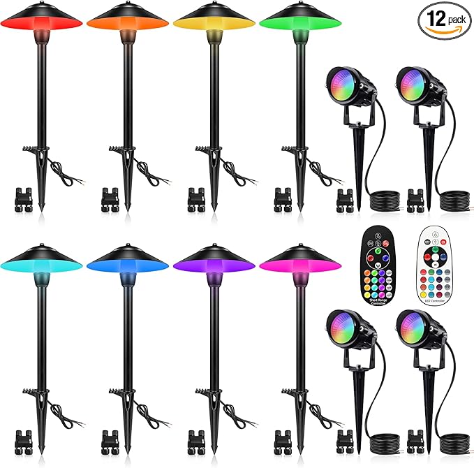 SUNVIE RGBW Landscape Lighting Kit 12V Low Voltage Landscape Lighting with Connectors, Color Changing Low Voltage Pathway Lights Wired with Spotlights Waterproof for Holiday Patio Garden Yard,12 Pack