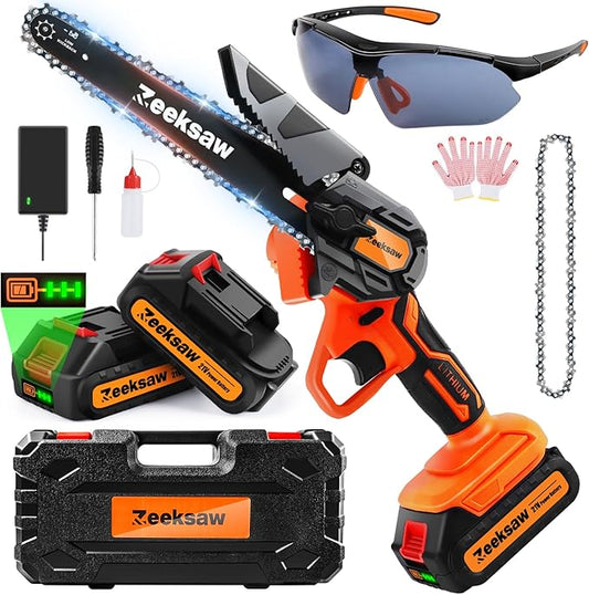 Mini Chainsaw 6 Inch Cordless, Super Handheld Chainsaw with 2x Big Batteries, Electric Mini Chain saw Battery Powered, Small Hand saws for Tree Wood - Garden Yard Time Saving Tool