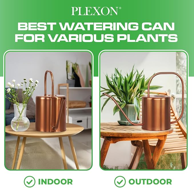 Plexon Rose Gold Metal Watering Can Indoor Plants, 54 oz Stainless Steel Long Spout Watering Can Outdoor House Plant Flower, Garden