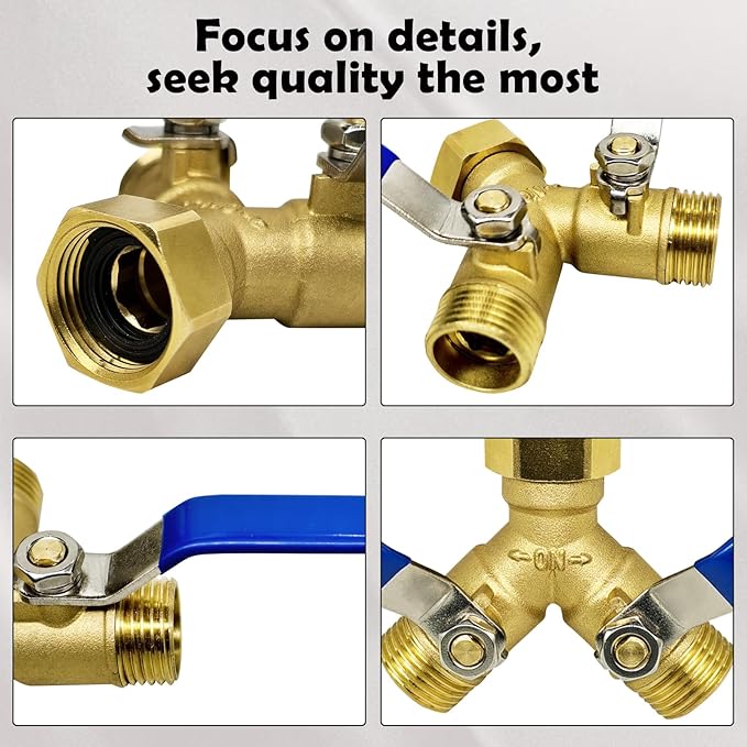 Brass Garden Hose Splitter 2 Way Heavy Duty,with 304 Stainless Steel Long Handle,Brass Y Valve Water Garden Hose Adapter 2 Way Y Valve 3/4" GHT Thread