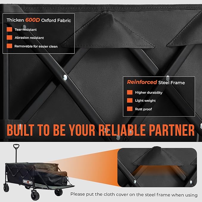 OVERMONT Collapsible Wagon with Tailgate - 220lbs Extended Lightweight Foldable Utility Wagons Folding Cart with Wheels - Small Garden Grocery Cart for Shopping,Grocery,Sports,Garden