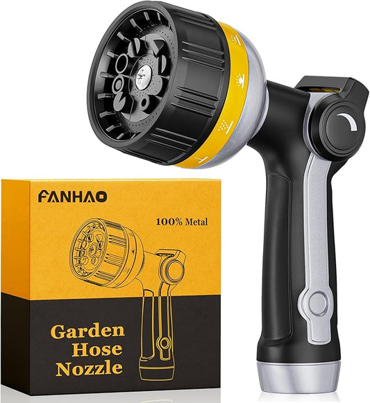 FANHAO Heavy Duty Garden Hose Nozzle, Metal Water Hose Sprayer with 10 Spray Patterns, Thumb Control, On Off Valve, High Pressure Water Nozzle for Plants Watering, Car and Pet Washing, Yellow